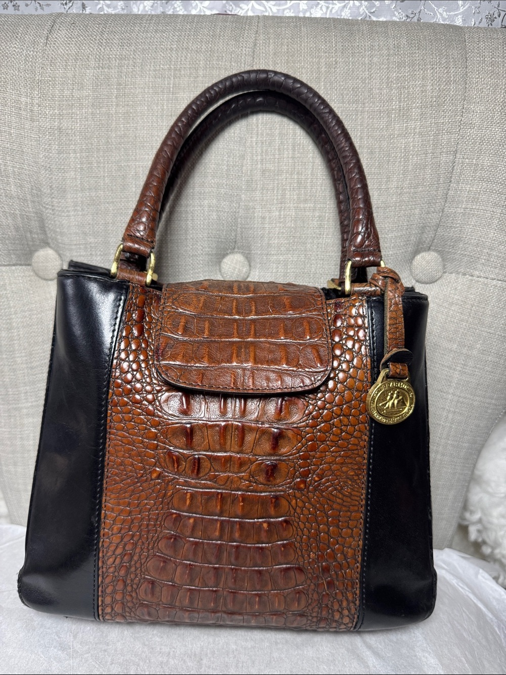 Brahmin Brown Croc-Embossed Leather Satchel with Black Panels vantage